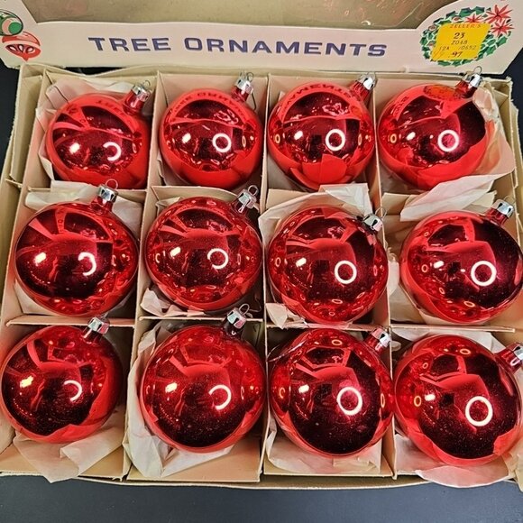 Vintage Poland Christmas Ornaments Baubles Set Of 12 RED Shiny Glass - Picture 2 of 16